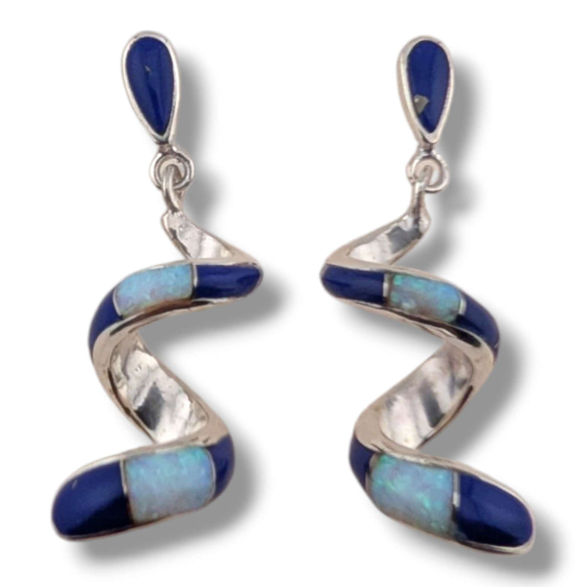 Sterling Silver Inlay Scroll Earrings with Opal Accents