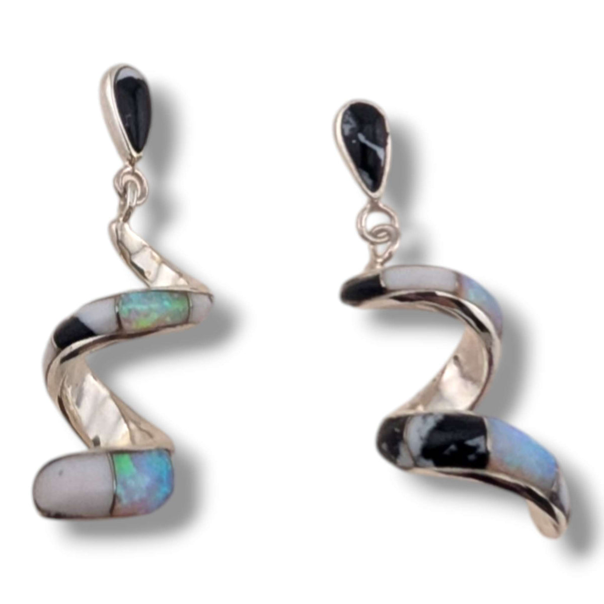 Sterling Silver Inlay Scroll Earrings with Opal Accents