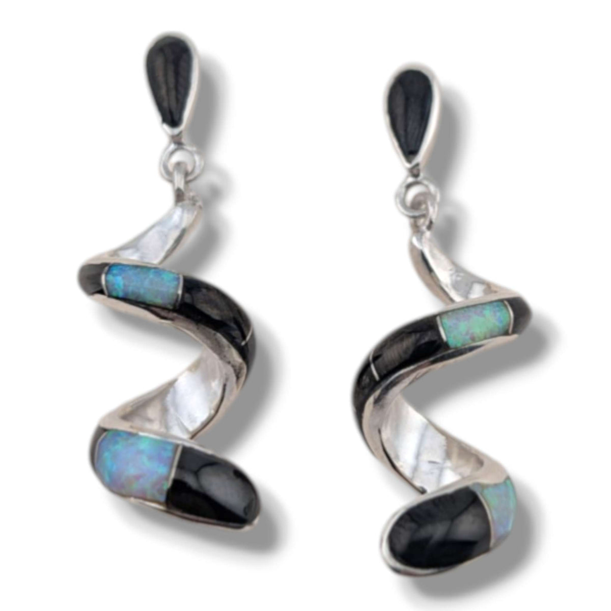 Sterling Silver Inlay Scroll Earrings with Opal Accents
