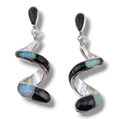 Sterling Silver Inlay Scroll Earrings with Opal Accents