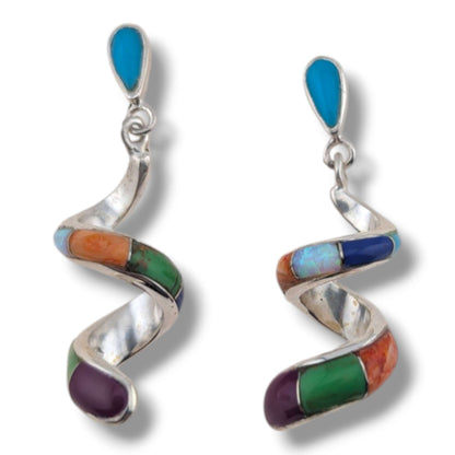 Sterling Silver Inlay Scroll Earrings with Opal Accents