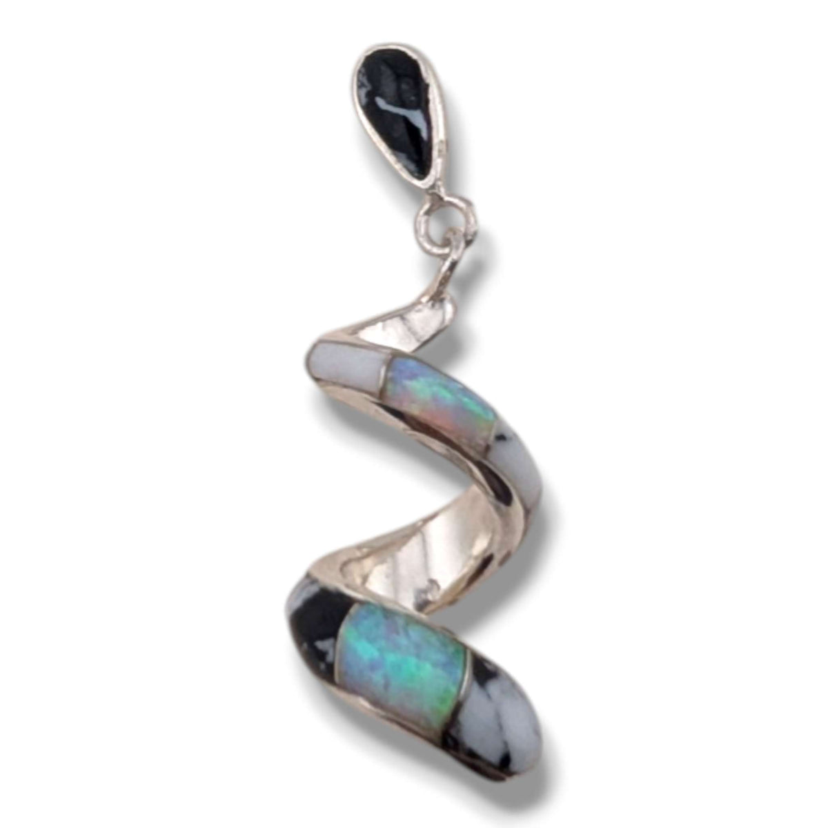 Sterling Silver Inlay Scroll Earrings with Opal Accents