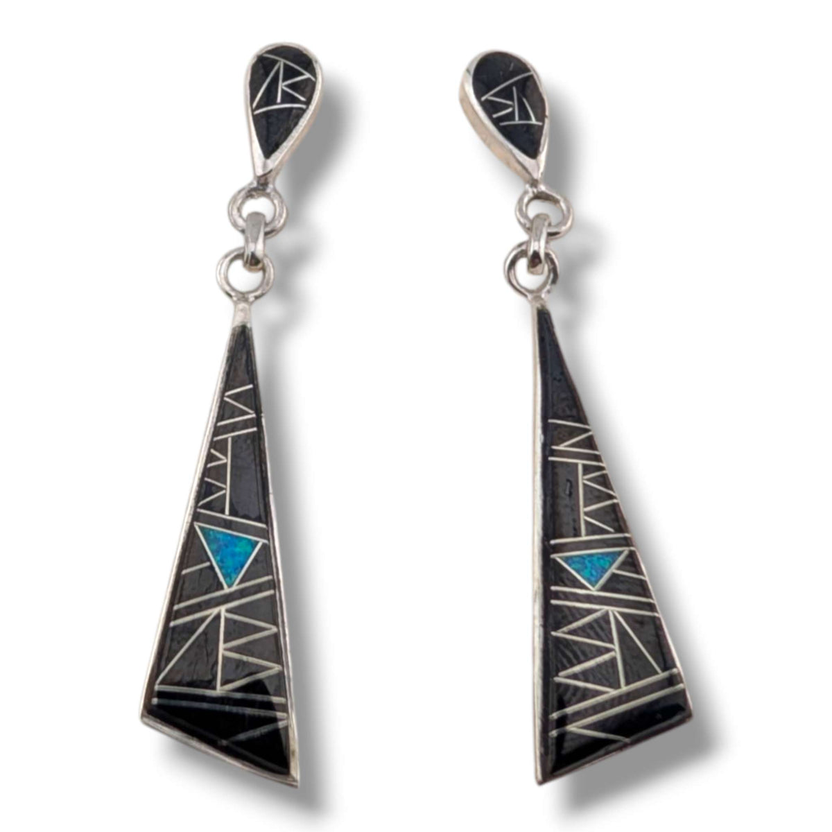 Sterling Silver Geometric Inlay Dangle Earrings