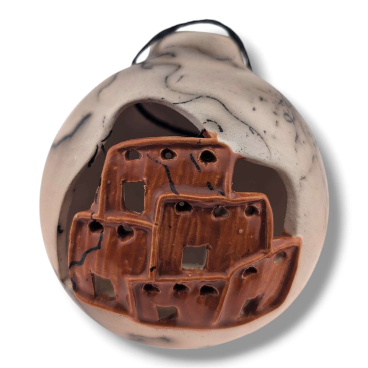 Horse Hair Pottery Adobe Sunset Pueblo Ornament, Handcrafted by Luna