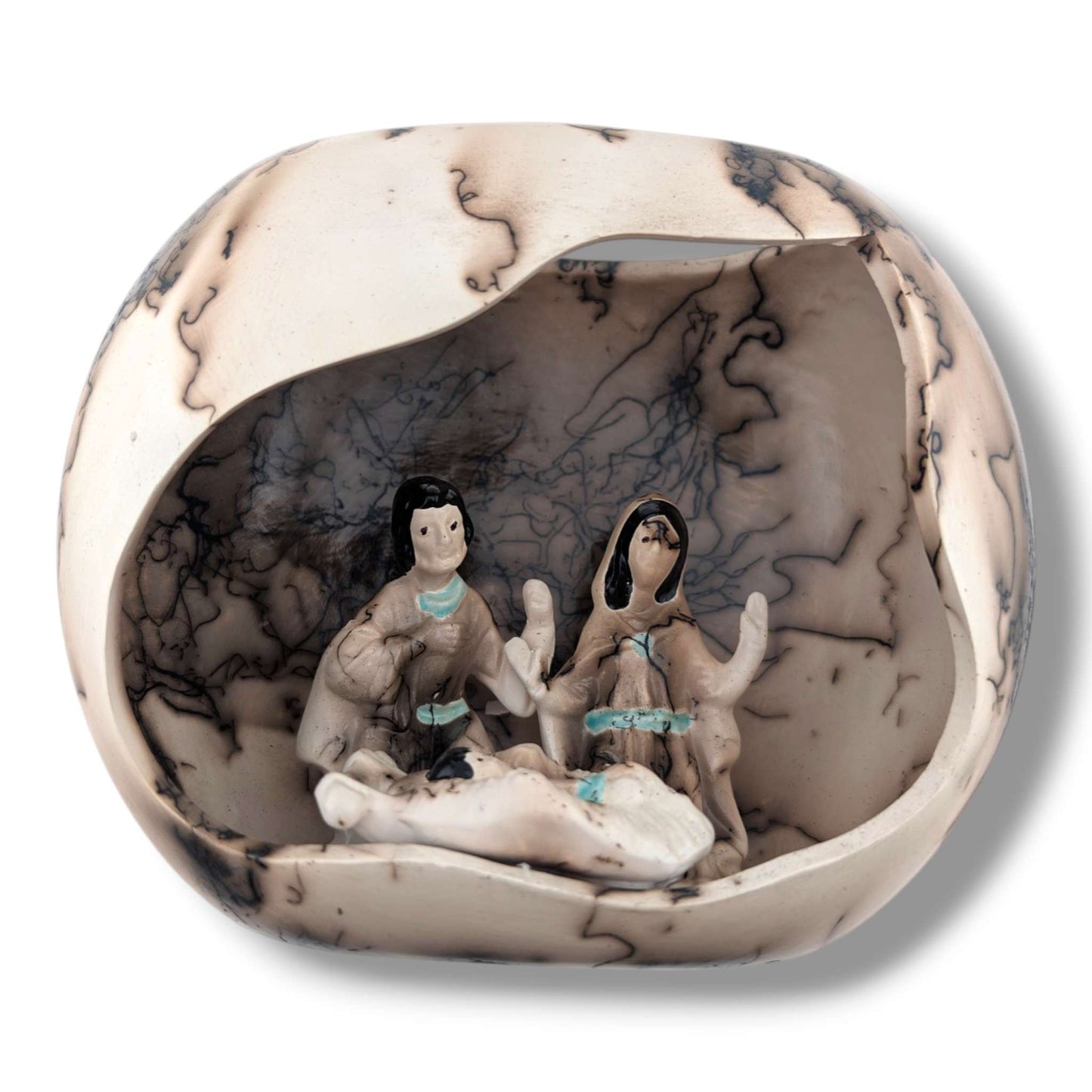Horsehair Pottery Nativity Grotto Sculpture, Handcrafted by Luna
