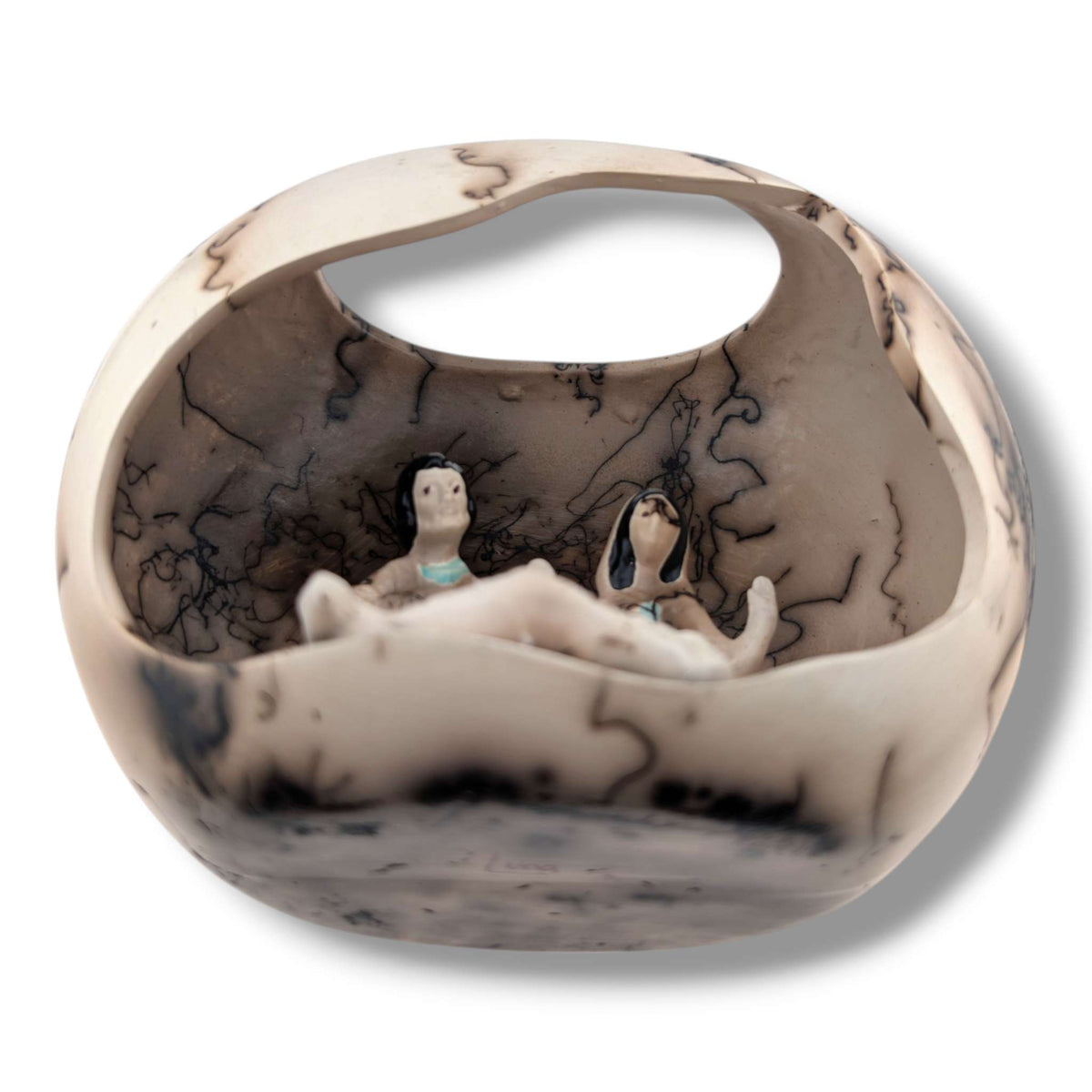 Horsehair Pottery Nativity Grotto Sculpture, Handcrafted by Luna