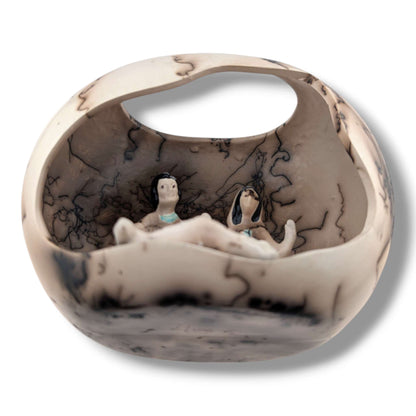 Horsehair Pottery Nativity Grotto Sculpture, Handcrafted by Luna