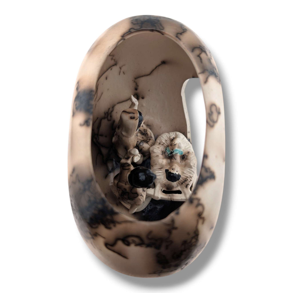 Horsehair Pottery Nativity Grotto Sculpture, Handcrafted by Luna