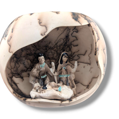 Horsehair Pottery Nativity Grotto Sculpture, Handcrafted by Luna