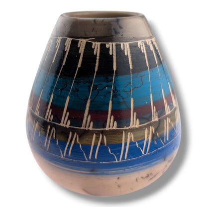 Navajo Hand-Etched Horsehair Pottery Tapered Blue Vase by Ben Billy
