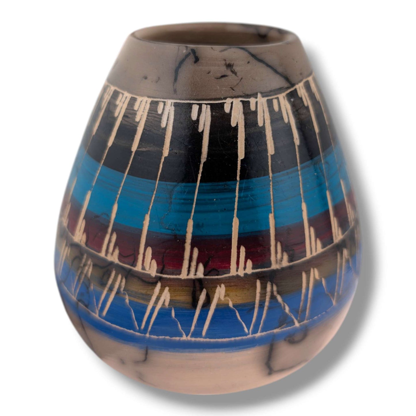 Navajo Hand-Etched Horsehair Pottery Tapered Blue Vase by Ben Billy