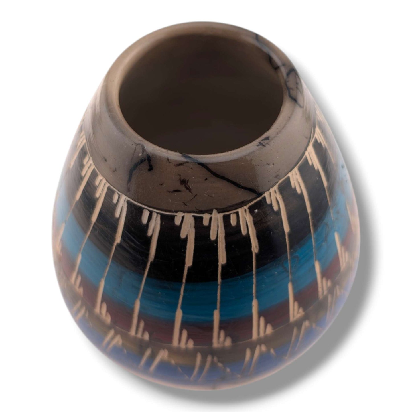 Navajo Hand-Etched Horsehair Pottery Tapered Blue Vase by Ben Billy