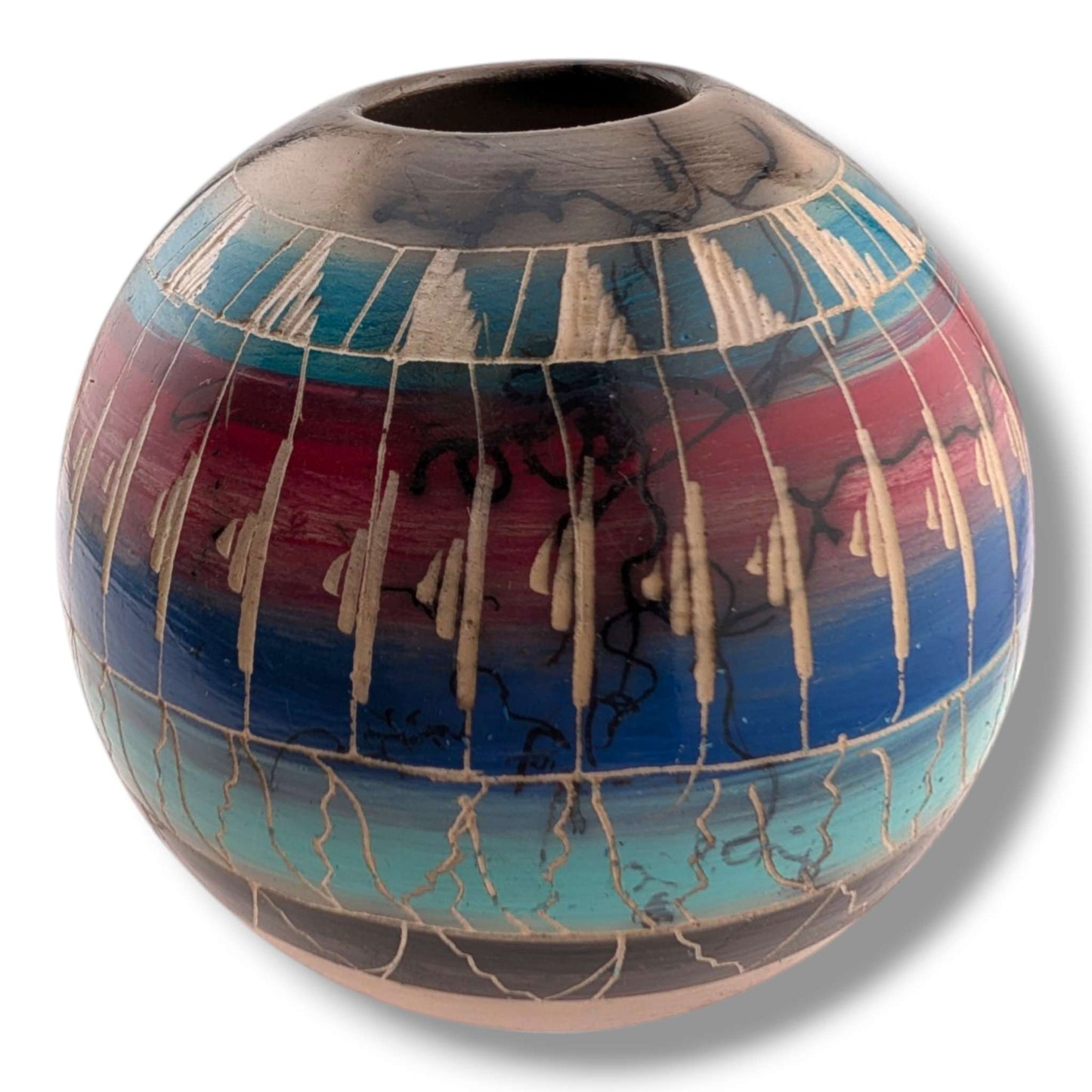 Navajo Hand-Etched Horsehair Round Seed Pot by Ben Billy