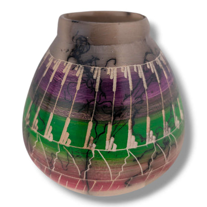 Navajo Hand-Etched Horsehair Vase in Jewel Tones by Ben Billy
