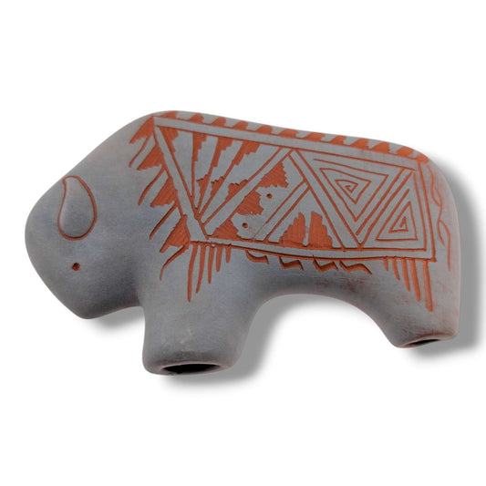 Navajo Hand-Etched Buffalo Sculpture in Grey and Terracotta by Ben Billy