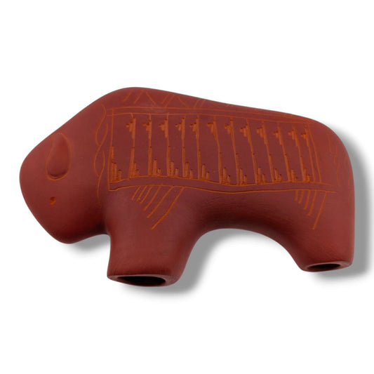Navajo Hand-Etched Buffalo Sculpture in Terracotta Red by Ben Billy