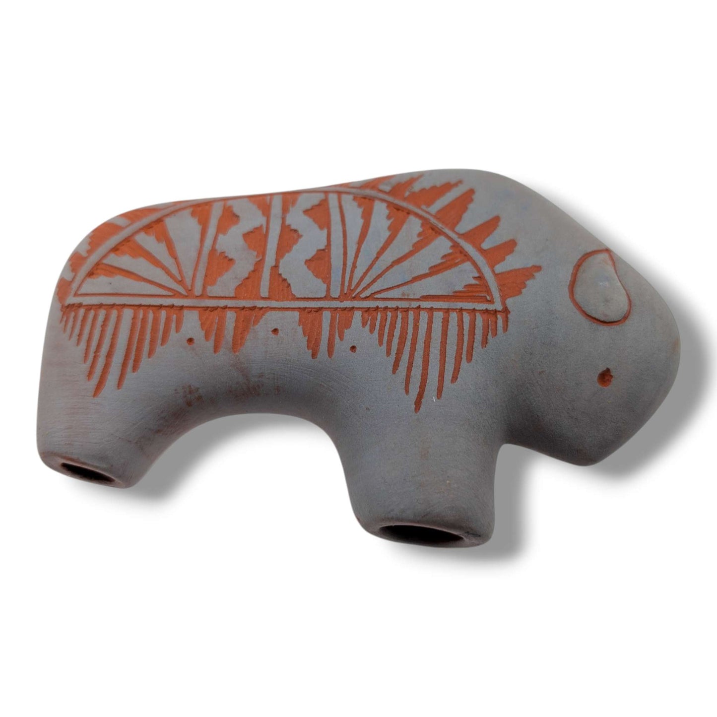 Navajo Hand-Etched Buffalo Sculpture in Grey and Terracotta by Ben Billy