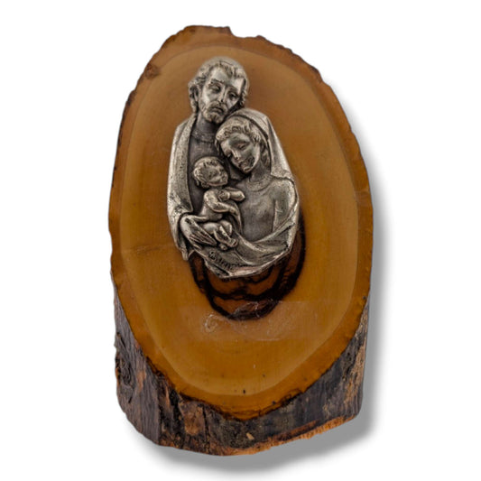 Olive Wood Holy Family Plaque with Metallic Relief