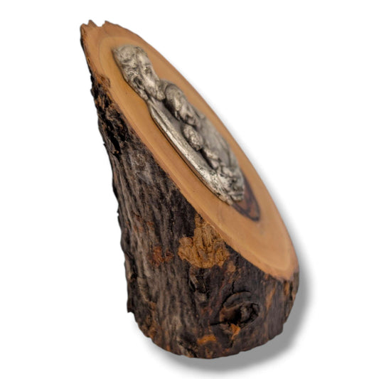 Olive Wood Holy Family Plaque with Metallic Relief