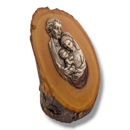 Olive Wood Holy Family Plaque with Metallic Relief