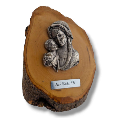 Olive Wood Madonna and Child Jerusalem Plaque