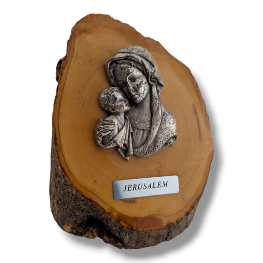 Olive Wood Madonna and Child Jerusalem Plaque