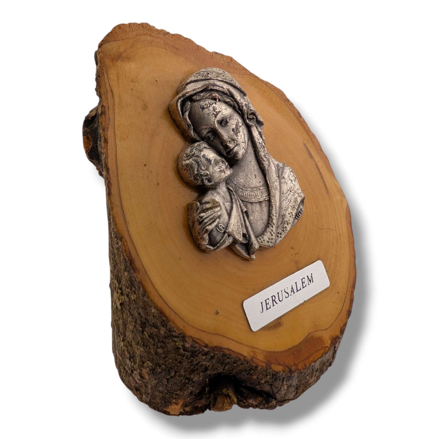 Olive Wood Madonna and Child Jerusalem Plaque