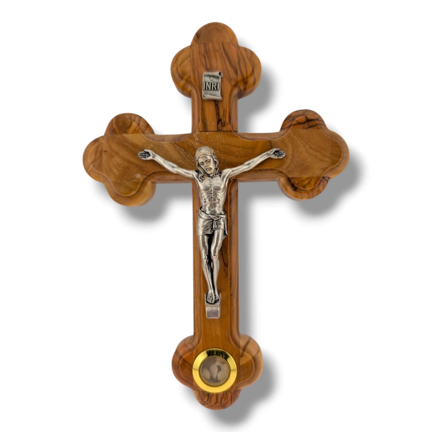 Hand-Carved Olive Wood Crucifix with Silver Corpus and Incense Relic