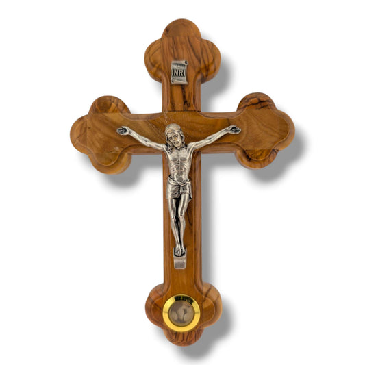 Hand-Carved Olive Wood Crucifix with Silver Corpus and Incense Relic