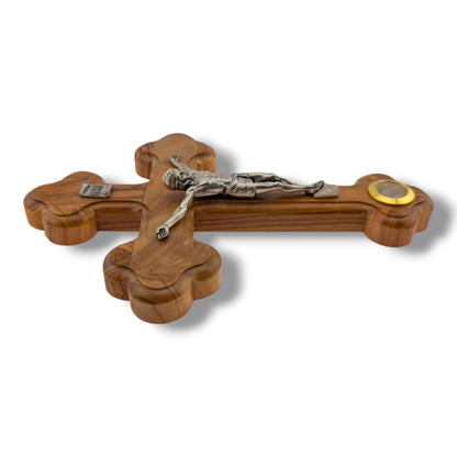 Hand-Carved Olive Wood Crucifix with Silver Corpus and Incense Relic