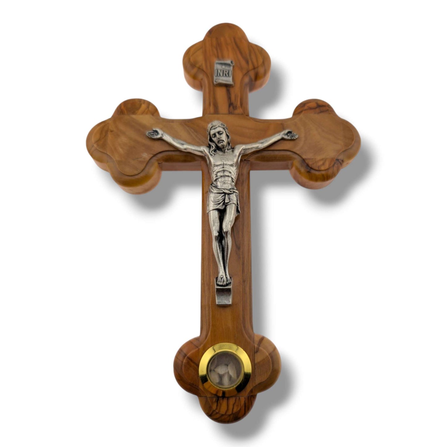 Hand-Carved Olive Wood Crucifix with Silver Corpus and Incense Relic