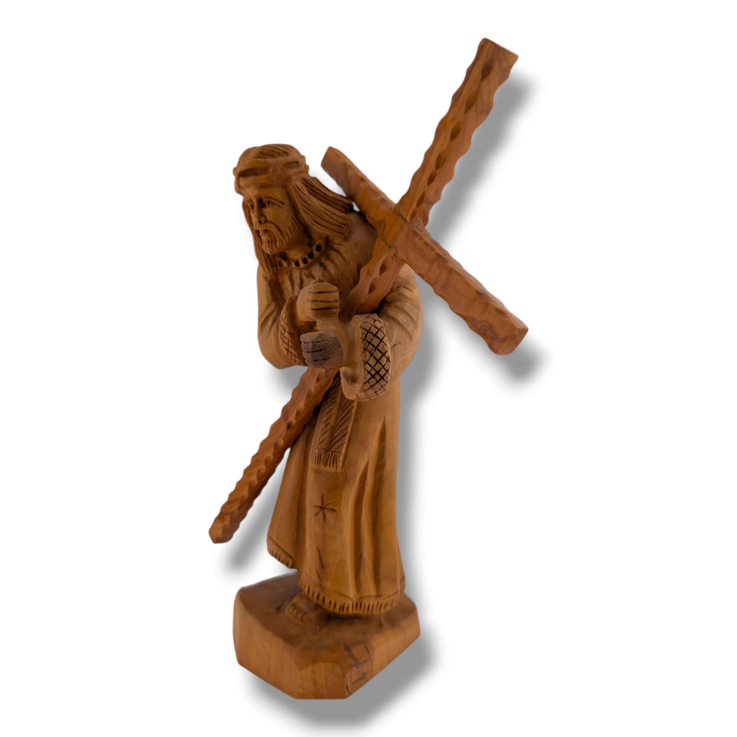 Hand-Carved Olive Wood Sculpture of Jesus Carrying the Crucifix