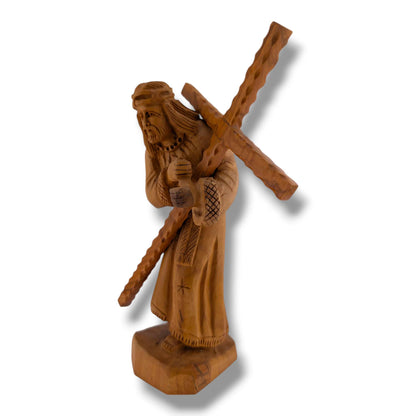 Hand-Carved Olive Wood Sculpture of Jesus Carrying the Crucifix