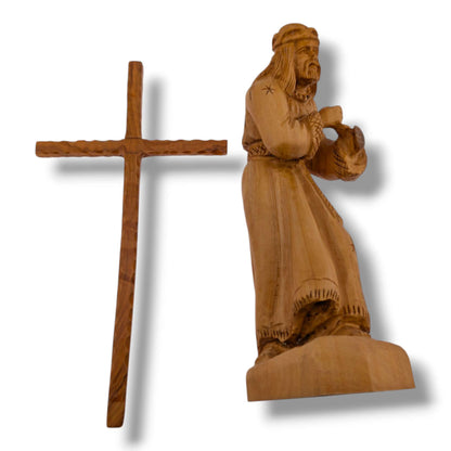 Hand-Carved Olive Wood Sculpture of Jesus Carrying the Crucifix