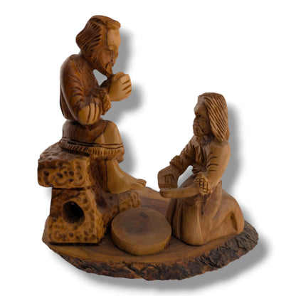 Hand-Carved Olive Wood Jesus Washing Peter's Feet Sculpture