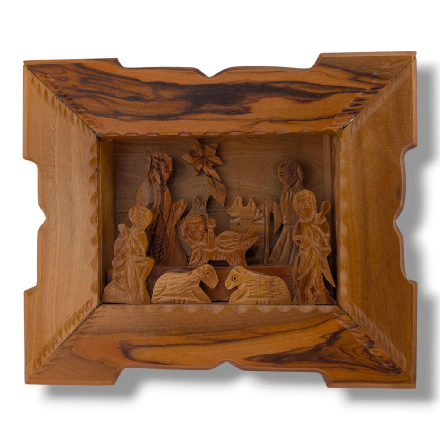 Hand-Carved Olive Wood Rectangular Nativity Grotto