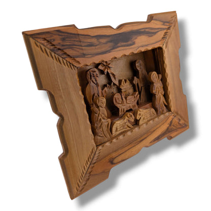 Hand-Carved Olive Wood Rectangular Nativity Grotto