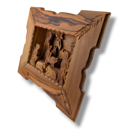 Hand-Carved Olive Wood Rectangular Nativity Grotto