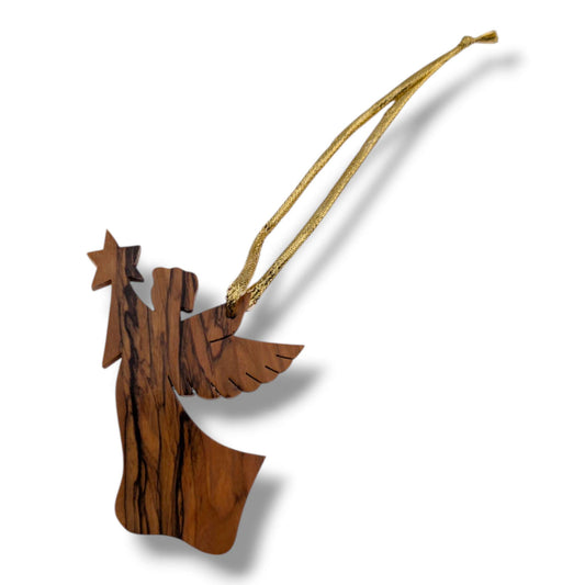Hand-Carved Olive Wood Angel with Star Ornament