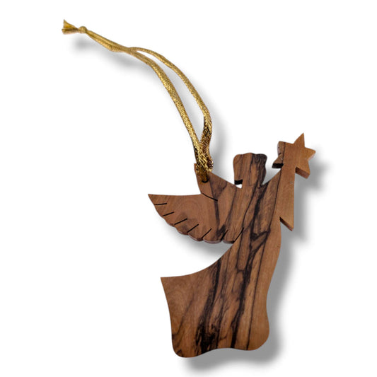 Hand-Carved Olive Wood Angel with Star Ornament