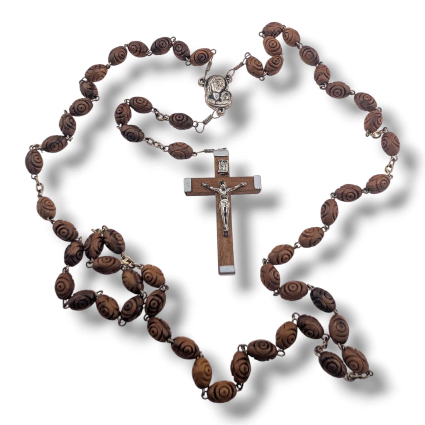 Hand-Carved Olive Wood Five-Decade Rosary with Oval Beads