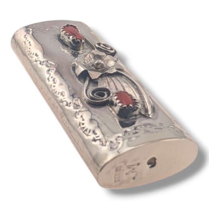 Navajo Sterling Silver Mini Bic Lighter Case with Red Coral