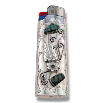 Sterling Silver Large Bic Lighter Case with Turquoise