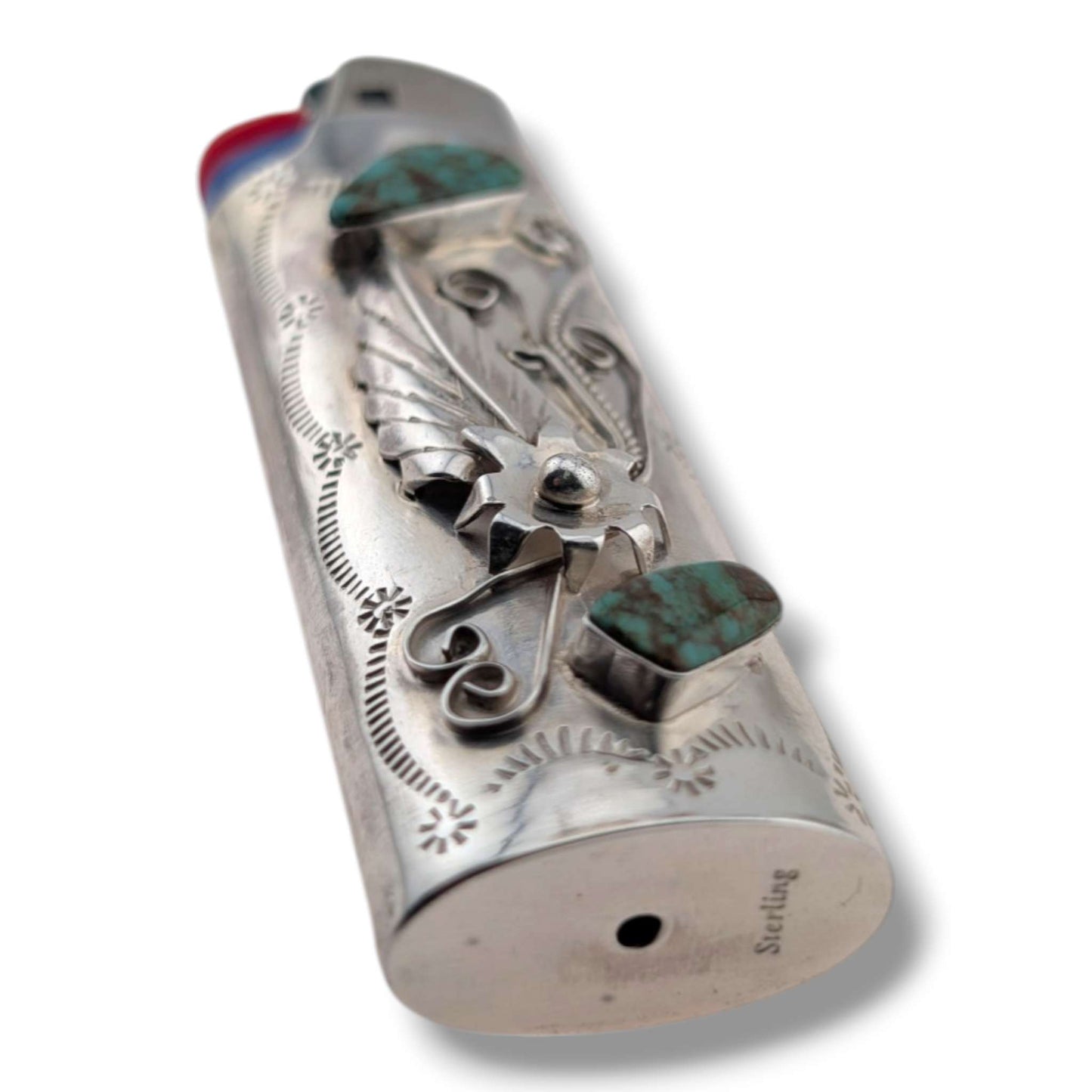 Sterling Silver Large Bic Lighter Case with Turquoise