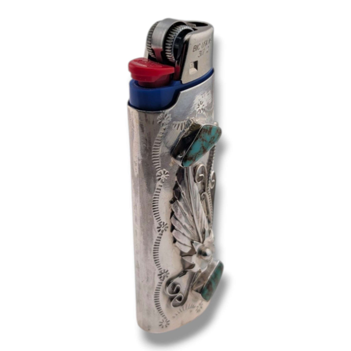 Sterling Silver Large Bic Lighter Case with Turquoise
