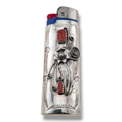 Navajo Sterling Silver Large Bic Lighter Case with Red Coral