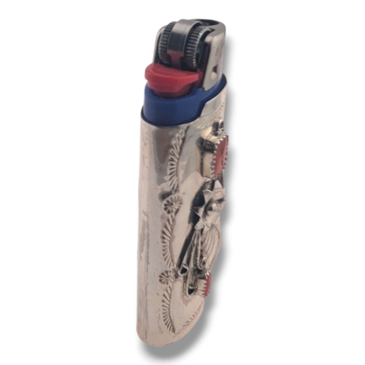 Navajo Sterling Silver Large Bic Lighter Case with Red Coral