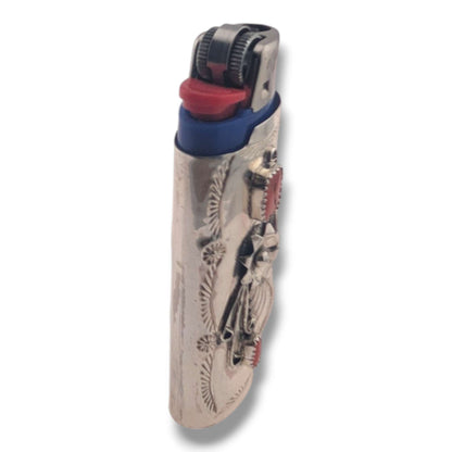 Navajo Sterling Silver Large Bic Lighter Case with Red Coral
