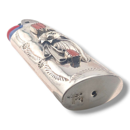 Navajo Sterling Silver Large Bic Lighter Case with Red Coral