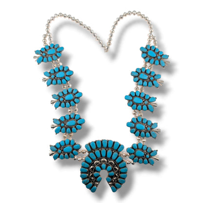 Navajo Sterling Silver Sleeping Beauty Turquoise Squash Blossom Necklace and Earring Set